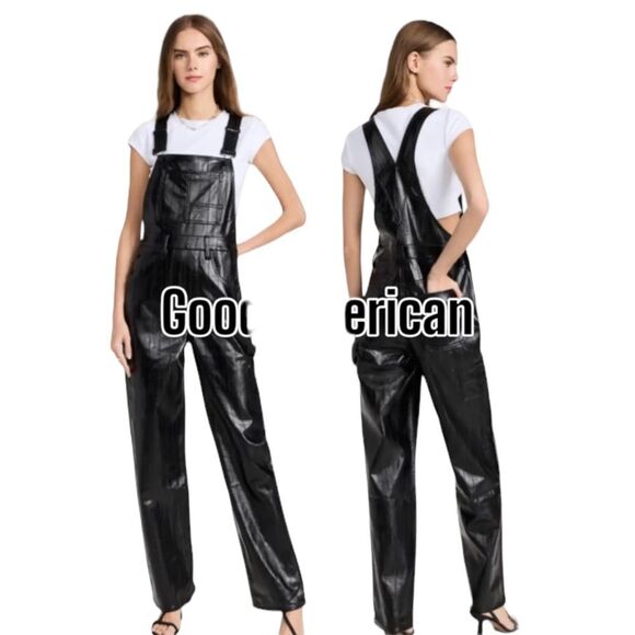 Good American Faux Better Than Leather Black Textured Overalls Straight Leg - Picture 16 of 16